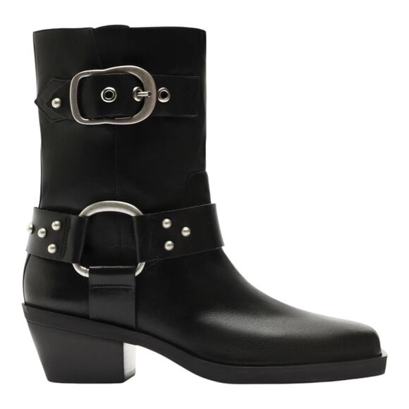 Arezzo Women's Kaia Mid Calf Block Heel Buckled Leather Boots Black Size 8 - Picture 2 of 5